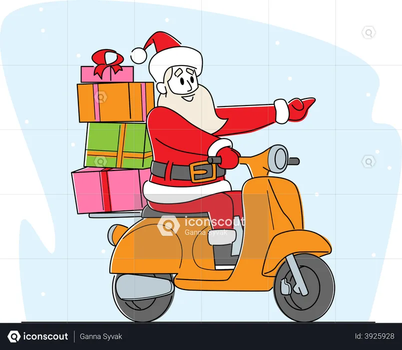 Le père Noël en scooter avec des cadeaux  Illustration