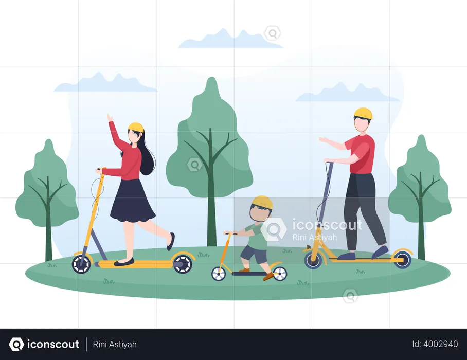 Famille faisant du scooter dans le parc  Illustration