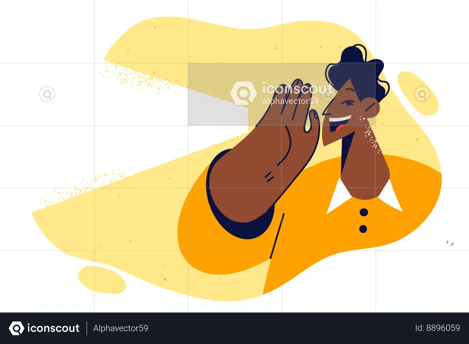 Screaming african american man raises hand to mouth instead of megaphone to announce upcoming events  Illustration