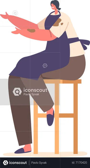 Sculptor Female In Clothes With Clay Spots Sit on Stool  Illustration