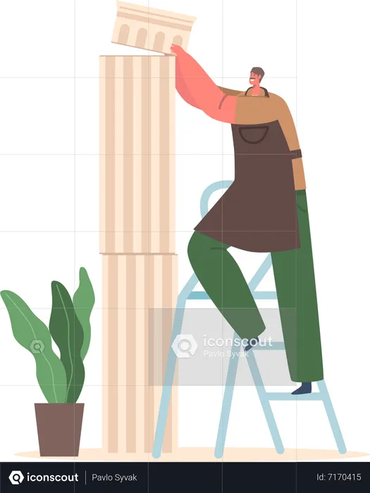 Sculptor Male Set Up Marble Block Into Whole Pillar Standing On Ladder  Illustration