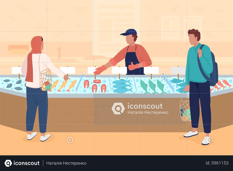 Seafood market flat color vector illustration  Illustration