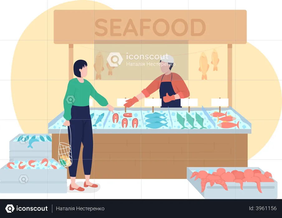 Seafood stall with frozen production 2D vector isolated illustration  Illustration