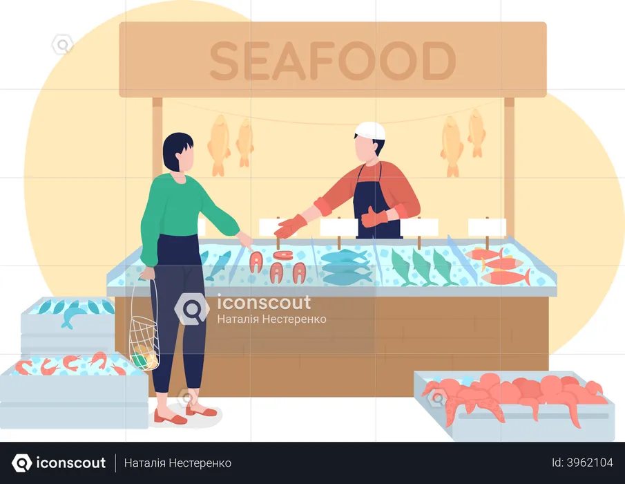 Seafood stall with frozen production  Illustration