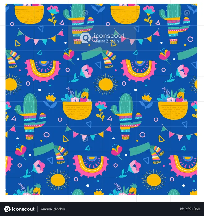 Seamless pattern and background, cacti, palm leavs, jungle flowers, Mexican fiesta background  Illustration