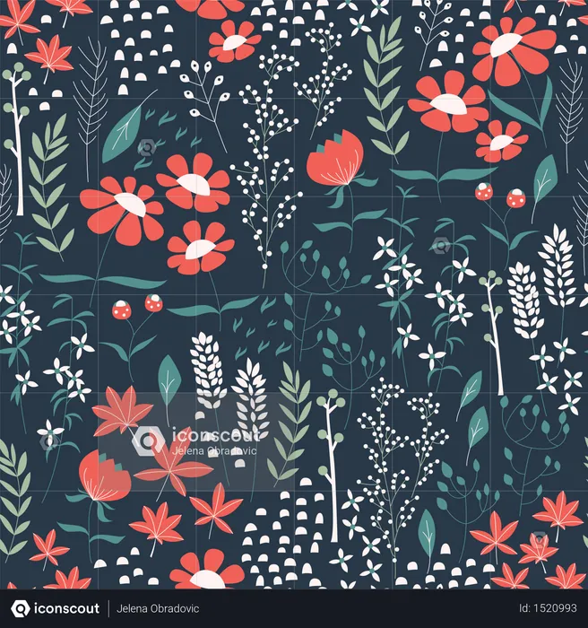 Seamless pattern design with hand drawn flowers and floral elements, vector illustration  Illustration