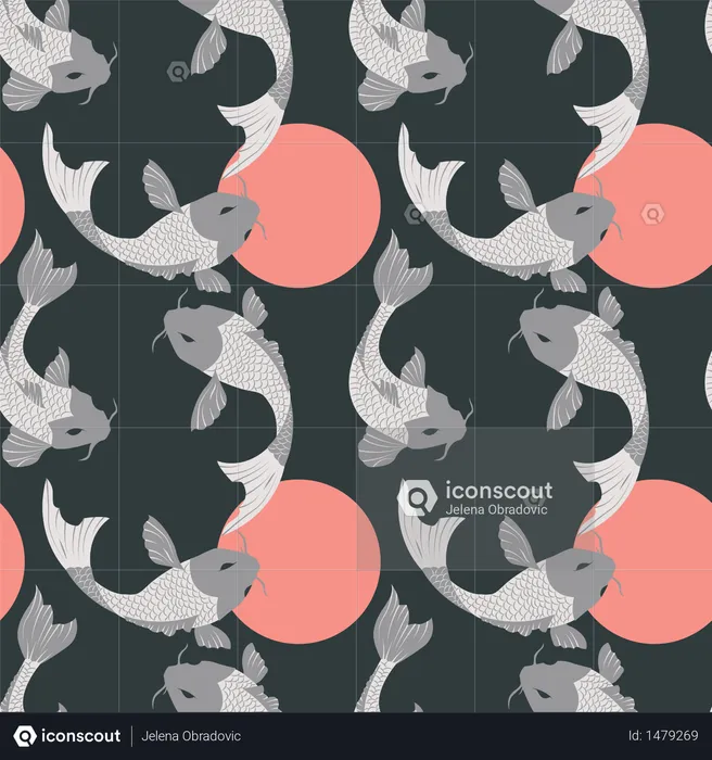 Seamless pattern with carp koi fish and sun, traditional japanese art  Illustration