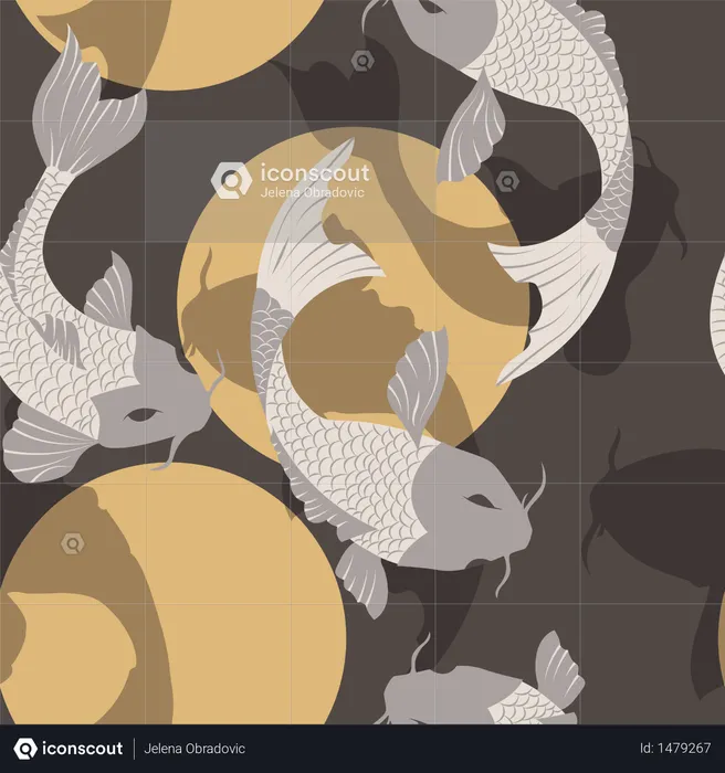 Seamless pattern with carp koi fish and sun, traditional japanese art  Illustration