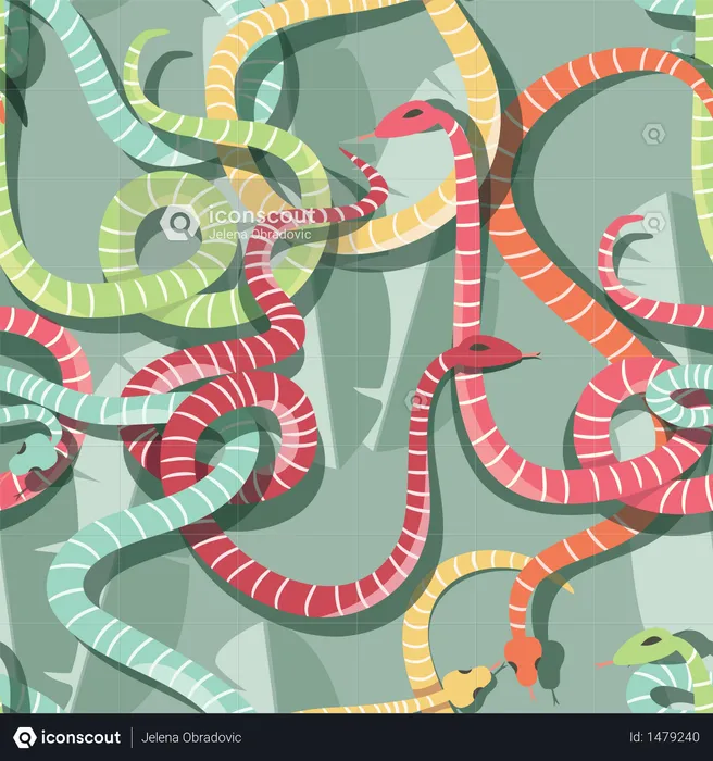 Seamless pattern with colorful intertwined striped rain forest snakes  Illustration