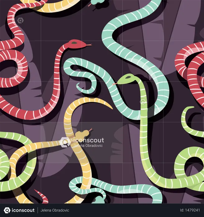 Seamless pattern with colorful intertwined striped rain forest snakes  Illustration