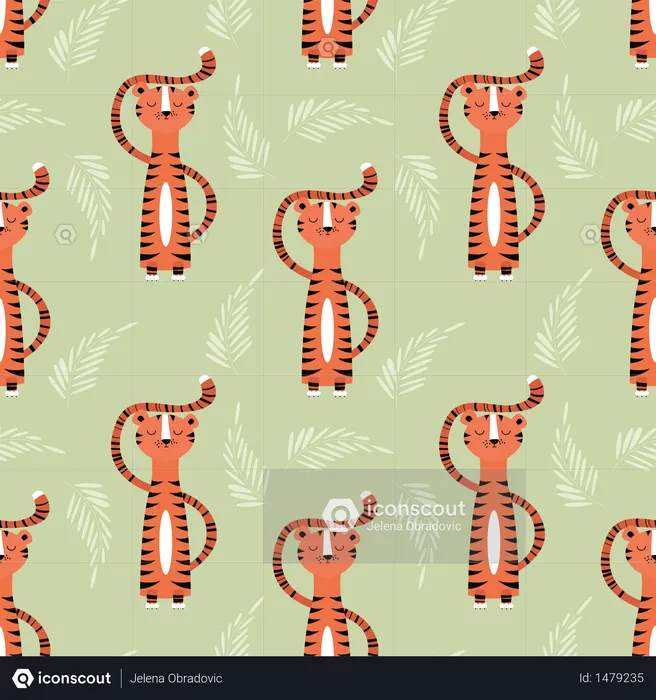 Seamless pattern with cute jungle orange tiger  Illustration
