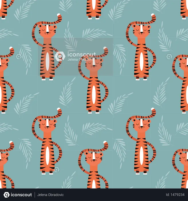 Seamless pattern with cute jungle orange tiger on blue background  Illustration