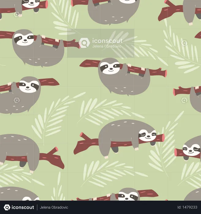 Seamless pattern with cute jungle sloths on green background  Illustration