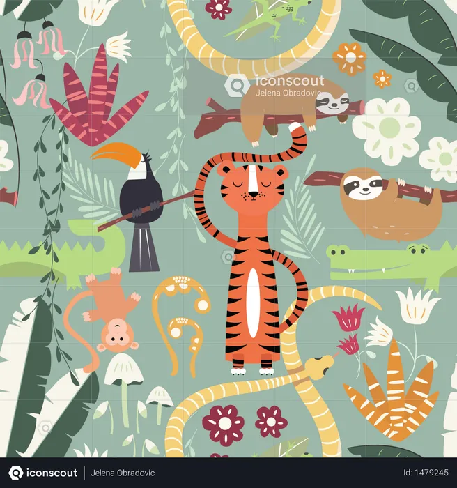 Seamless pattern with cute rain forest animals, tiger, snake, sloth  Illustration