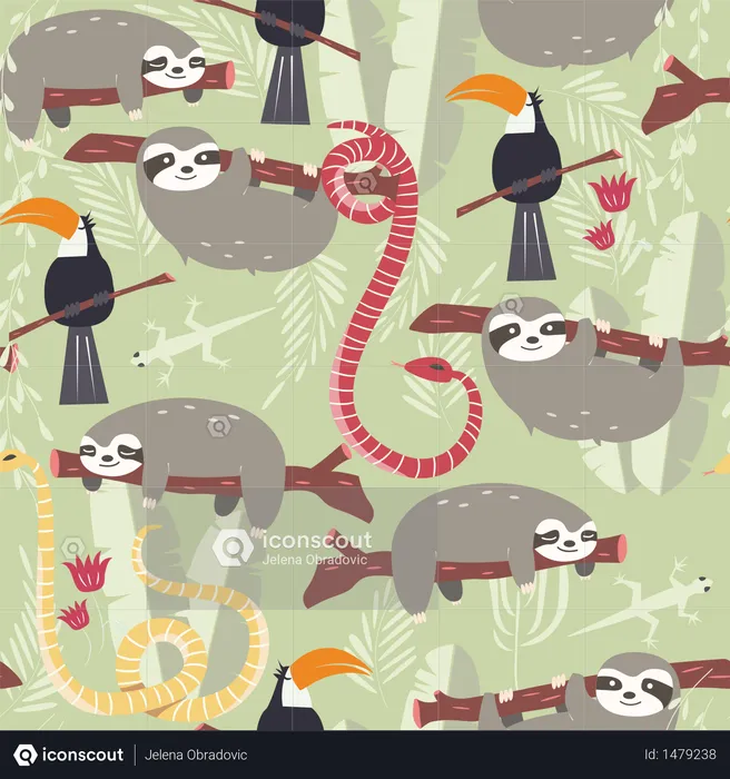Seamless pattern with cute rain forest animals, toucan, snake, sloth  Illustration
