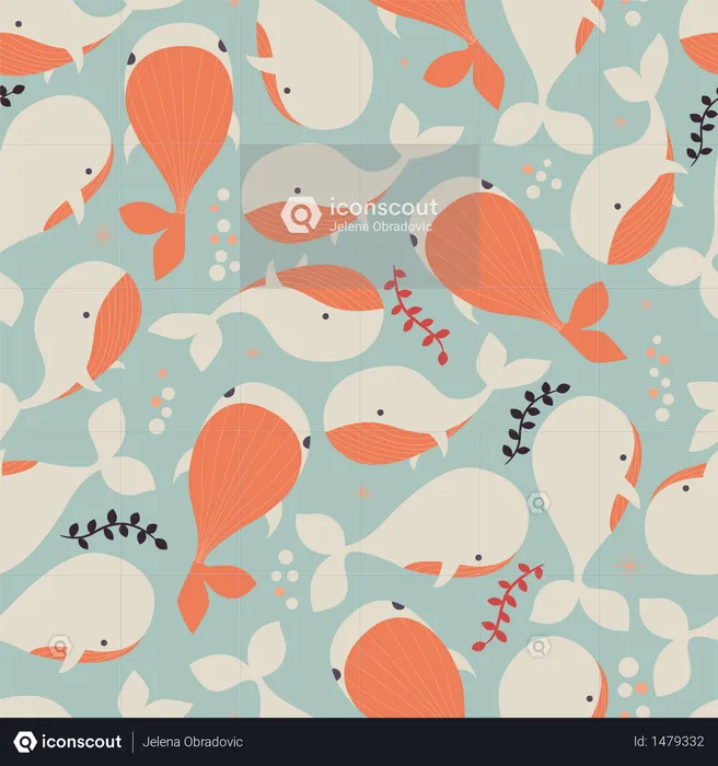 Seamless pattern with underwater ocean animals, cute whales  Illustration