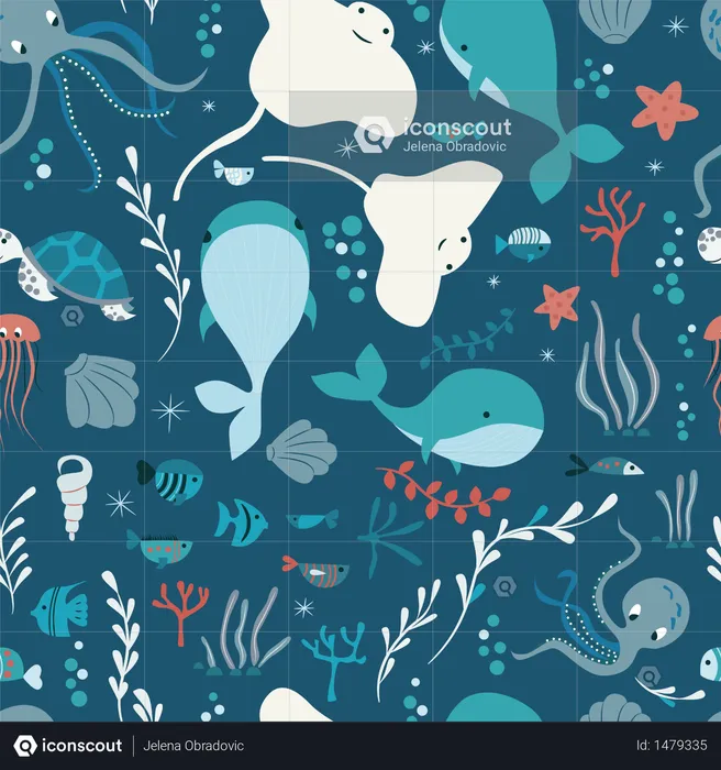 Seamless pattern with underwater ocean animals, whale, octopus, stingray, jellyfish  Illustration