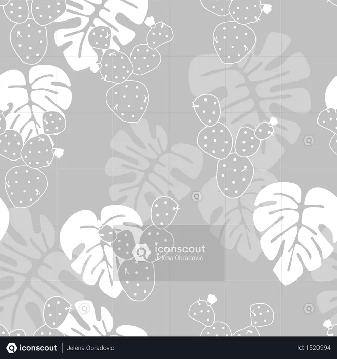 Seamless tropical pattern with monstera palm leaves, and cactus on gray background  Illustration