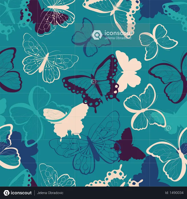 Seamless vector pattern with hand drawn colorful butterflies, silhouette vibrant  Illustration