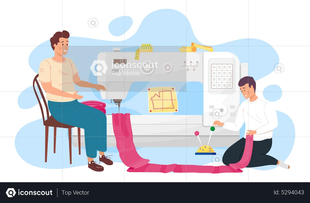 Seamstresses work with big sewing machine  Illustration