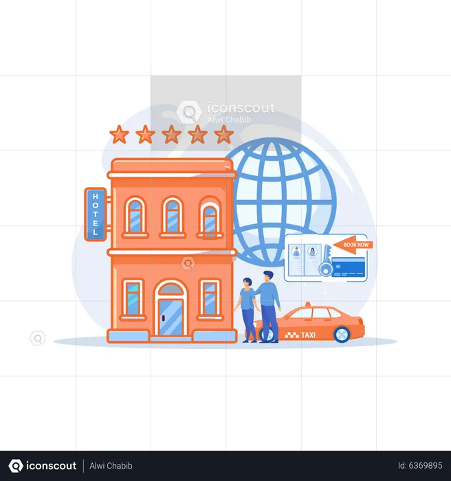 Searching five star hostel and Ordering taxi  Illustration