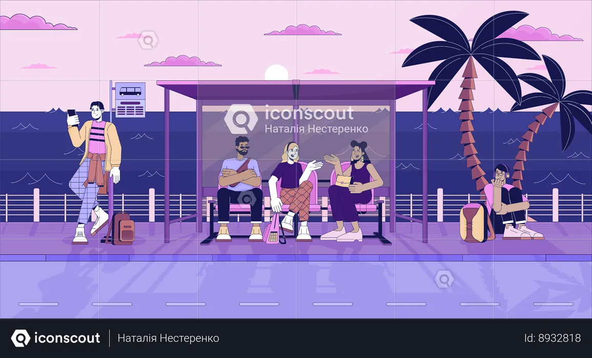 Seaside bus stop crowded  Illustration