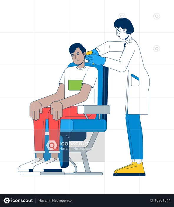 의사의 귀 검사를 받고 있는 앉아 있는 남성 환자  일러스트레이션