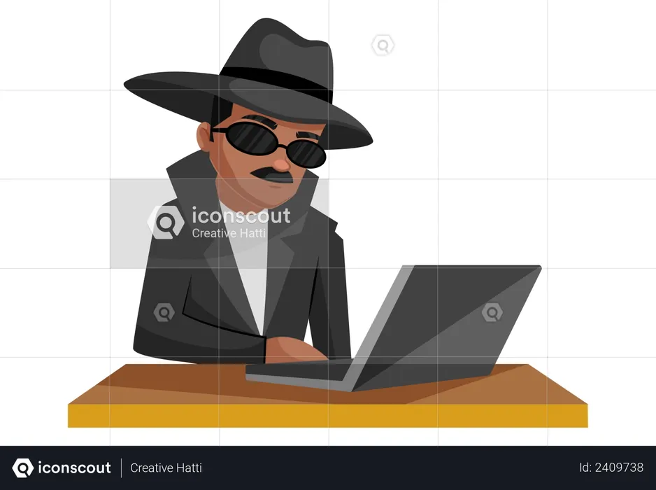 Secret agent working on laptop  Illustration