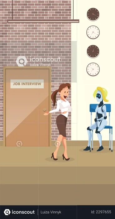 Secretory asking female robot to attend job interview  Illustration