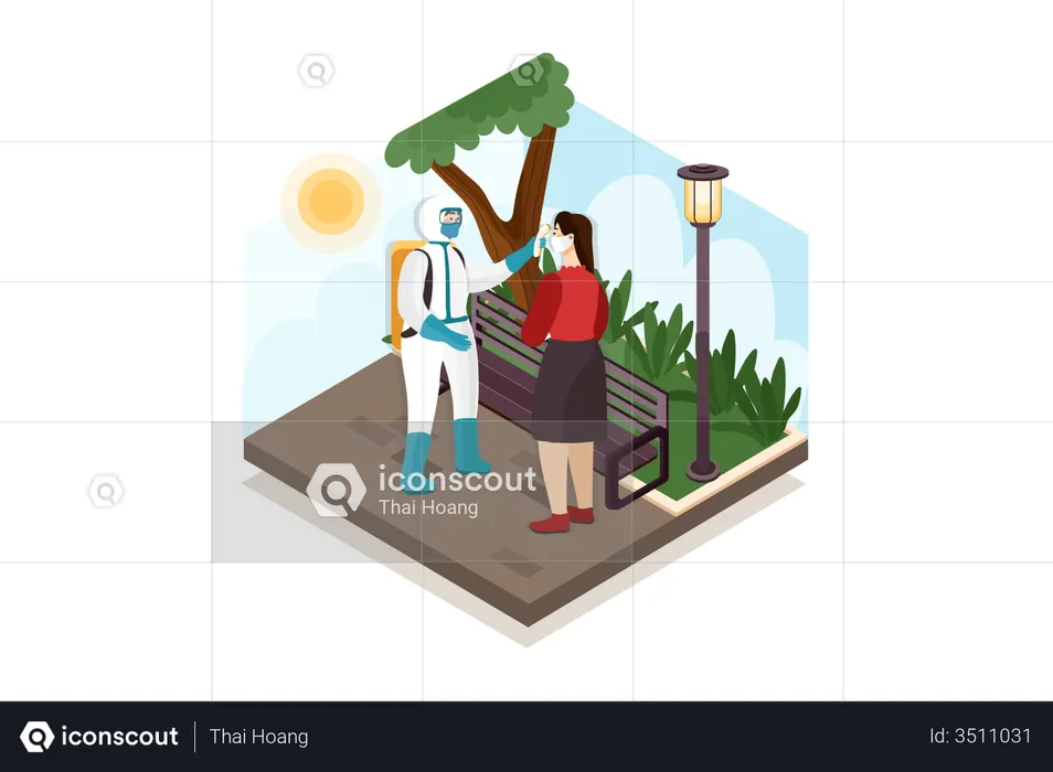 Security guard checking temperature at park  Illustration
