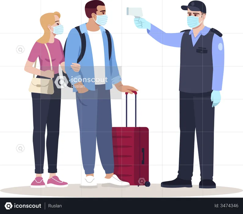 Security guard checking temperature of passengers  Illustration
