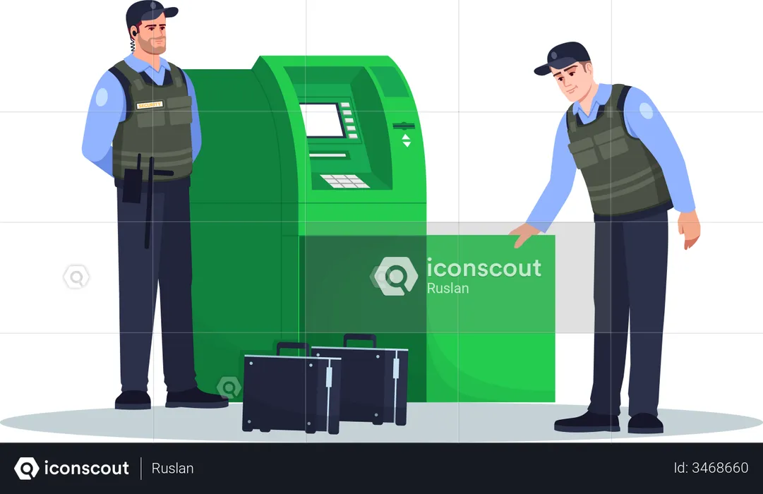 Security guard refilling cash in atm machine  Illustration