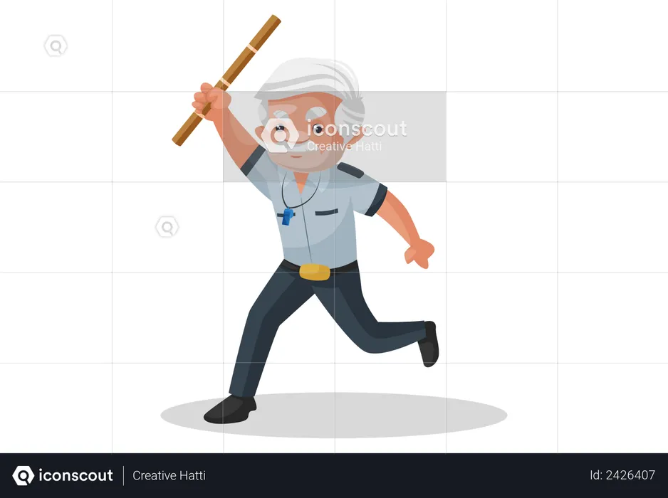 Security guard running and raising wooden stick in air  Illustration