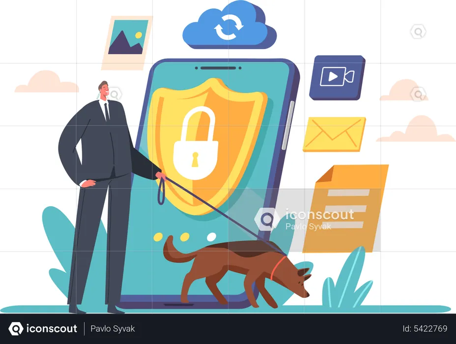 Security guard with Shepherd Dog Protect Mobile Phone  Illustration