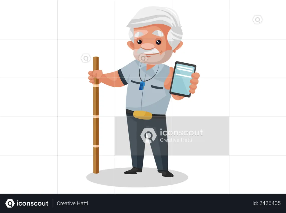 Security man holding mobile and wooden stick  Illustration