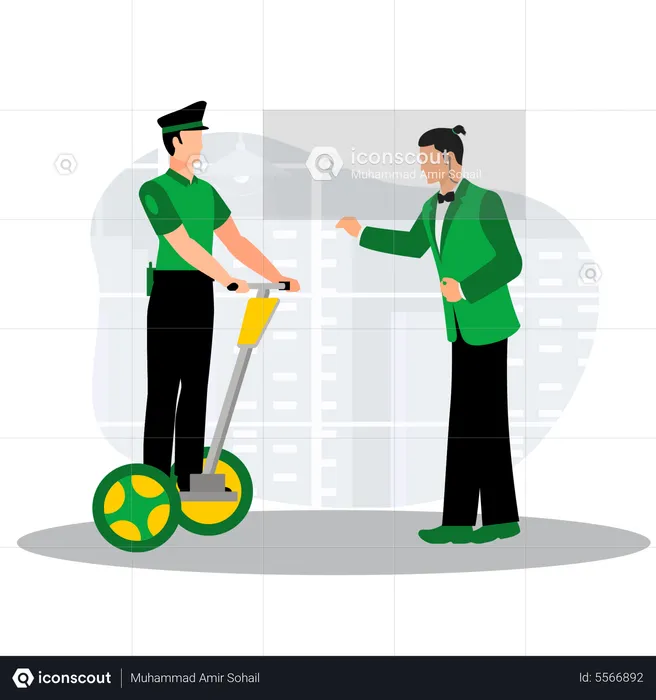 Security officer riding electric scooter  Illustration