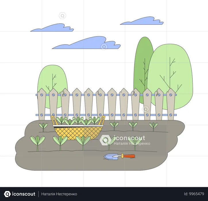 家庭菜園の苗バスケットとシャベル  イラスト