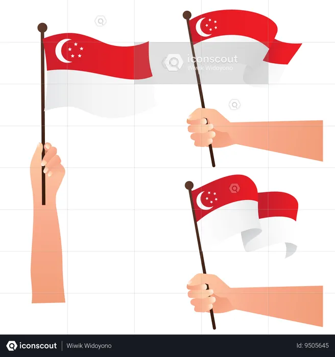 Mão segurando bandeiras nacionais de Singapura  Ilustração