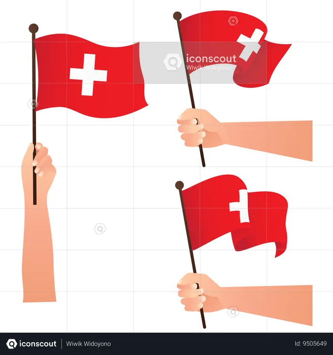 Mão segurando bandeiras nacionais suíças  Ilustração