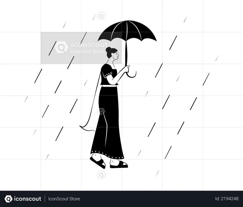 Mujer sosteniendo paraguas caminando bajo la lluvia  Ilustración