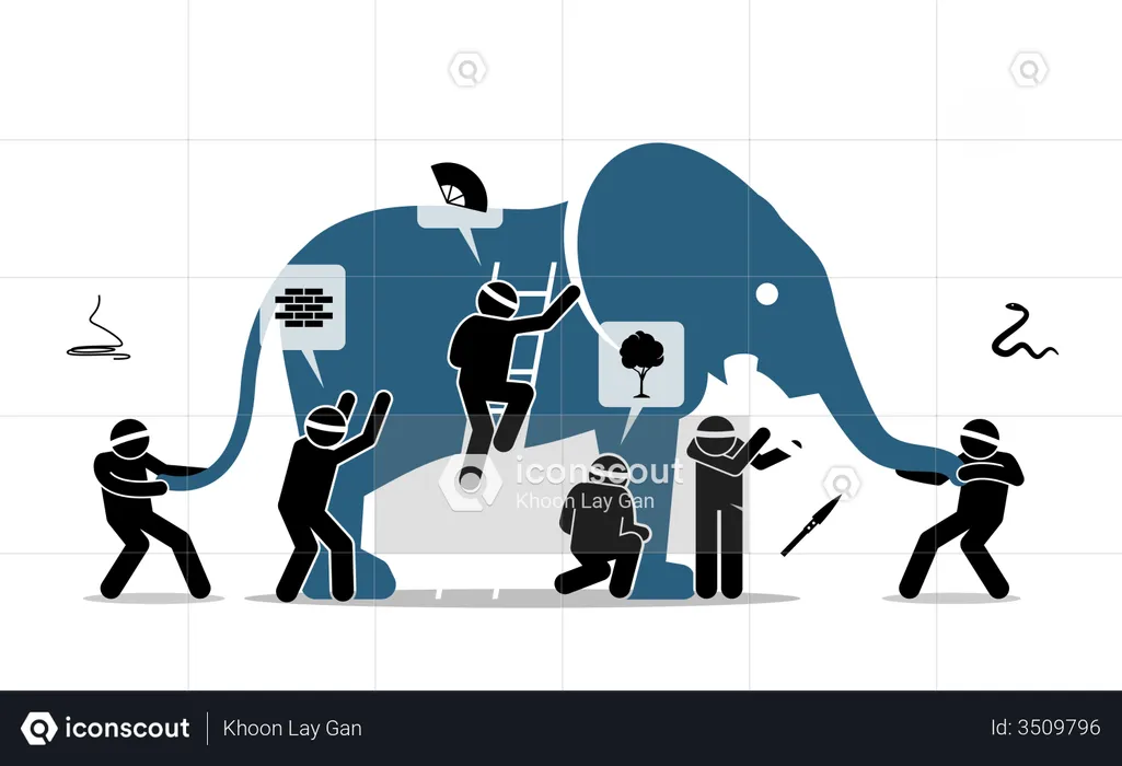 Seis cegos tocando um elefante  Ilustração