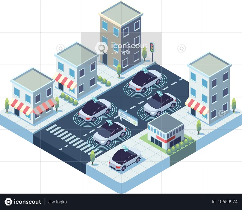 Selbstfahrende Autos mit fortschrittlichen Sensoren in der Smart City.  Illustration