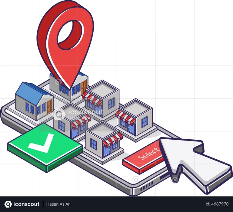 Seleccionar la ubicación de la tienda en la aplicación de mapas  Ilustración