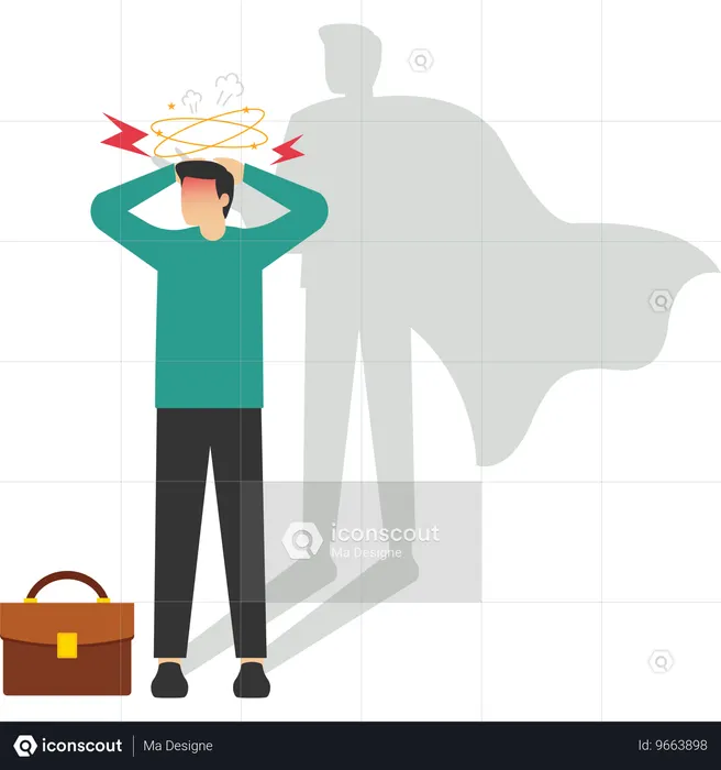 Self doubt businesswoman standing with his super hero shadow on wall  Illustration