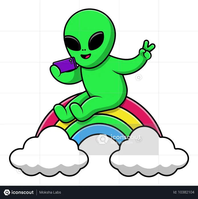 Selfie extraterrestre avec téléphone sur arc-en-ciel  Illustration