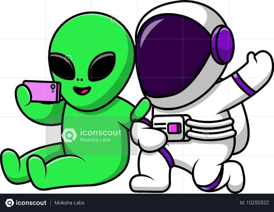 Selfie d'astronaute et d'extraterrestre avec un téléphone  Illustration