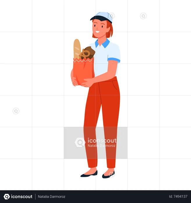 Seller girl holding grocery bag  Illustration