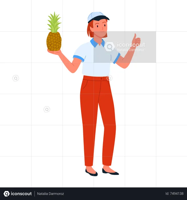 Seller girl holding pineapple and showing thumbs up  Illustration