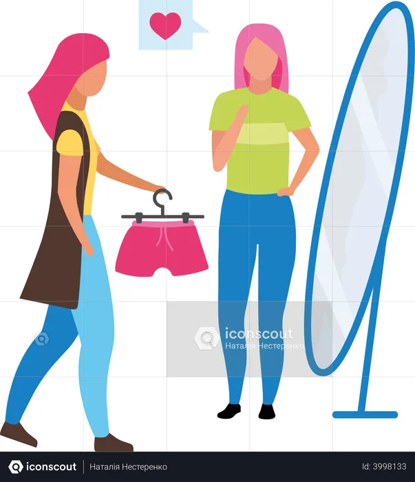 Seller suggests shorts at clothing store  Illustration