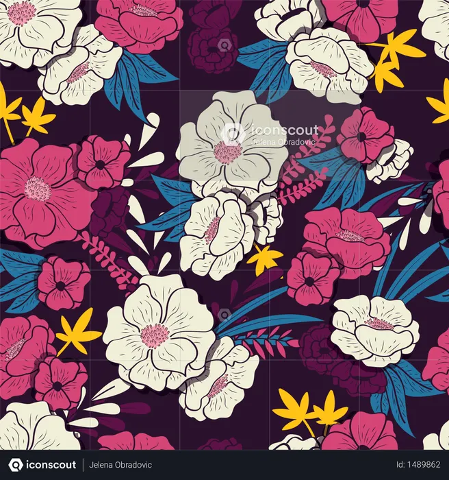 Selva floral con patrones sin fisuras de serpientes, flores y hojas tropicales, vibrantes dibujados a mano botánicos  Ilustración